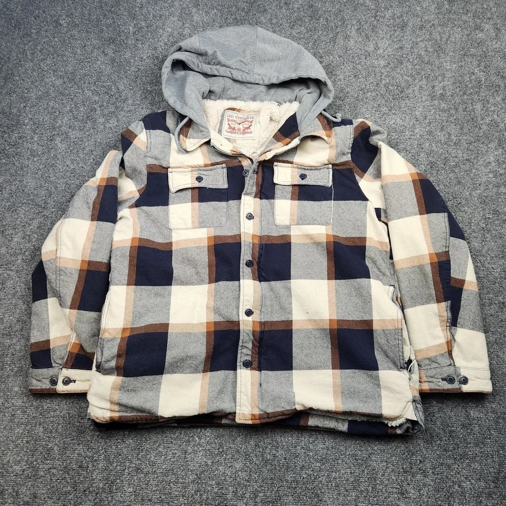 Levi Strauss & Co Jacket Mens XL Blue Plaid Sherpa Lined Hooded Flannel - Picture 1 of 9